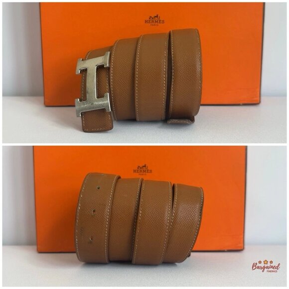 Authentic HERMES Brown Leather H Silver Reversible Buckle Belt B 100 main image 4